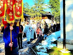 Широк кадар верног народа у литији на Златибору током прославе Врбице. На снимку се види мноштво људи, од најмлађих до најстаријих, како достојанствено ходају стазом око цркве. Деца са плетеним венчићима од врбице су у центру пажње, а звончићи на тробојкама око њихових вратова симболизују дечију радост дочека Христа. У позадини се види архитектура храма Преображења са карактеристичним бакарним крововима, што чини ову фотографију кључном за препознатљивост локације на претраживачима.